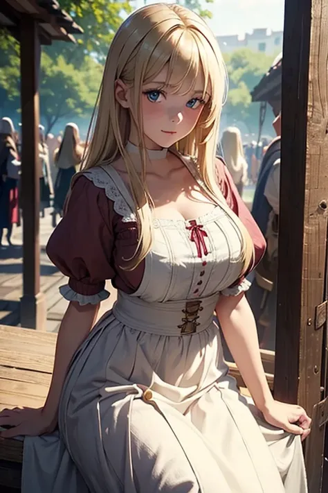 A beautiful, young blonde girl. She looks about 16 years old. Huge breasts. She is in an outdoor, medieval festival. All blended with a fantasy aesthetic. She is wearing a simple linen smock with long maroon skirts and loose white bodice with high neckline...