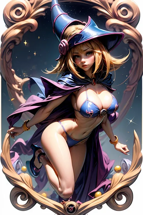 (masterpiece:1.2), (The best quality:1.2), perfect lighting, Dark Magician Girl casting a spell, floating in the air, big tits, neckline, magic background. Transparent hearts in the air, blue robe, big hat, from above, Sparkles, Yugioh Card in the backgrou...