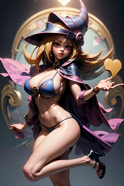 (masterpiece:1.2), (The best quality:1.2), perfect lighting, Dark Magician Girl casting a spell, floating in the air, big tits, neckline, magic background. Transparent hearts in the air, blue robe, big hat, from above, Sparkles, Yugioh Card in the backgrou...