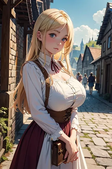 A beautiful, young blonde girl. She looks about 18 years old. Very huge breasts. She is in an outdoor, medieval festival. All blended with a fantasy aesthetic. She is wearing a simple linen smock with long maroon skirts and loose white bodice with high nec...