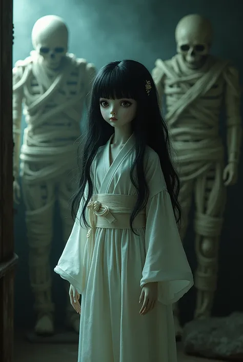 Japanese medium-long black hair stuffed animal girl、A thin white yukata、Dimly lit human taxidermy studio、Human Mummy