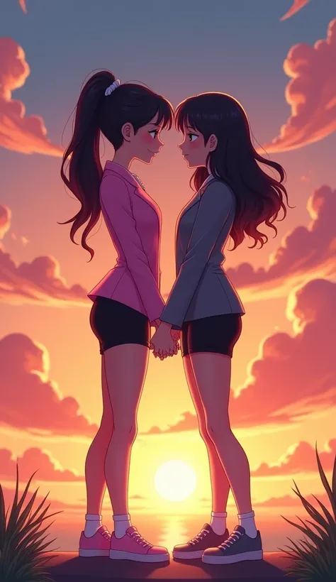 Two girls, yuri,(The first girl wear a pink suit, black pencil skirt, black underpants,  white socks, pink sneakers), (The second girl wore a grey suit, black pencil skirt, black underpants, white socks, grey sneakers), back to back, holding hands, see the...