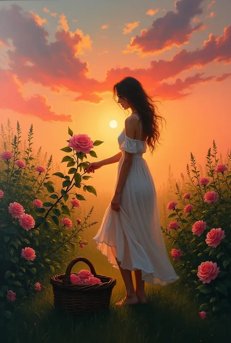 Canvas painting of black silhouette of woman picking roses in field with basket and sunset