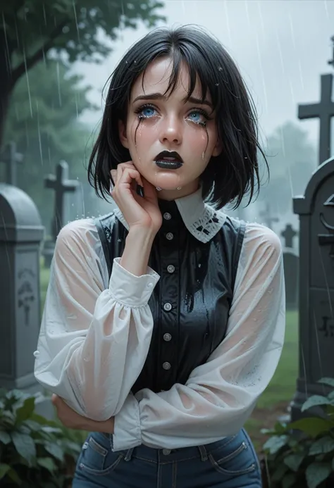 Woman,blue eyes,gothic,classic bob hair,eye shading,black lipstick, wearing a black blouse with white sleeves and blue jeans, crying with black tears, raining cemetery