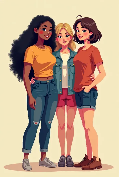 Drawing of three female friends:
the first: chubby girl, tall and with black hair.
The second blonde.
The third brunette.
Con pixel art
