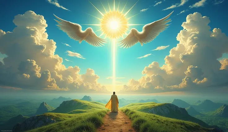 A symbolic image showing Solomon as an intermediary between heaven and earth. Elements like angels and clouds above, and the earth with its riches below. Contrasting colors between the blue of the sky and the green of the earth.