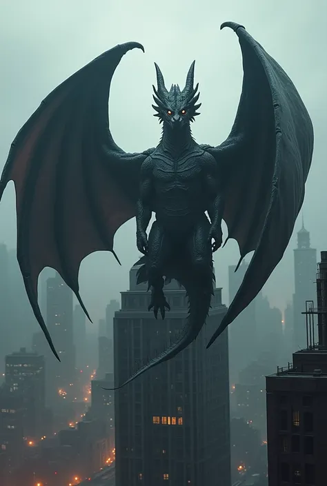 A Black dragon with wings, he is Very big, in a futurista city, he is above a big building and tge is bad. Dragon needs tô bem near in imagem and holdind somente TNT
