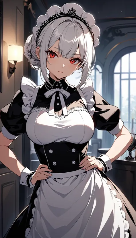 "beautiful anime-style maid with red eyes and white hair in a hime cut hairstyle. she is wearing a detailed and elegant maid out...