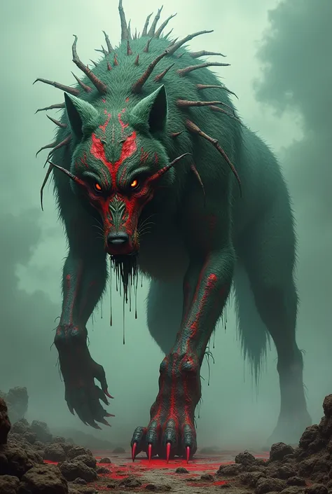 A giant wolf, walking on four legs, red and green in color, full of bones sticking out of his body, having blood all over your body, your appearance is quite scary 