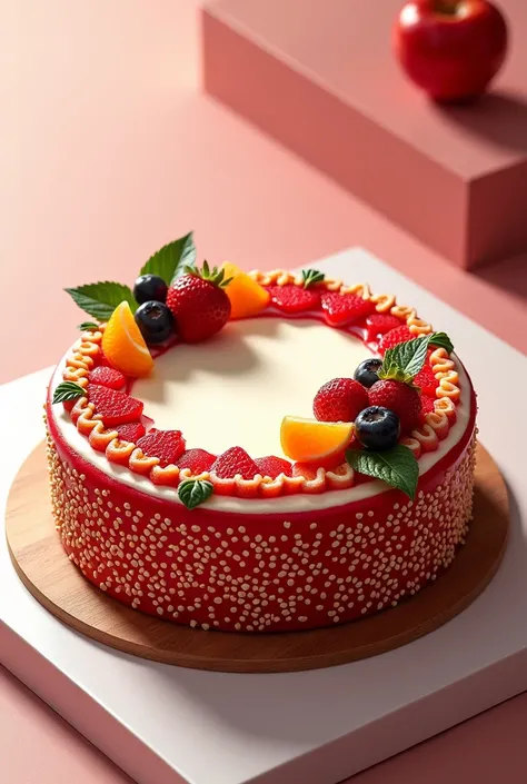 A red and white sesame cake with fruit on top, spread with sesame with decorations so that the whole yorta can be seen with sesame but around it for a mark to go in the center
