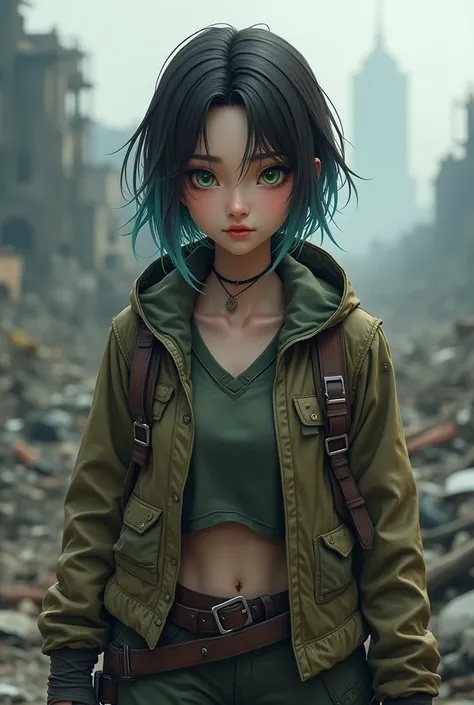 Generate a character named Naomi in a post-apocalyptic setting, she is korean, has green eyes, dark brown hair with light blue highlights, very sharp green eyes, and a youthful appearance, around 18 years. She is more outgoing, but focused on their decisio...