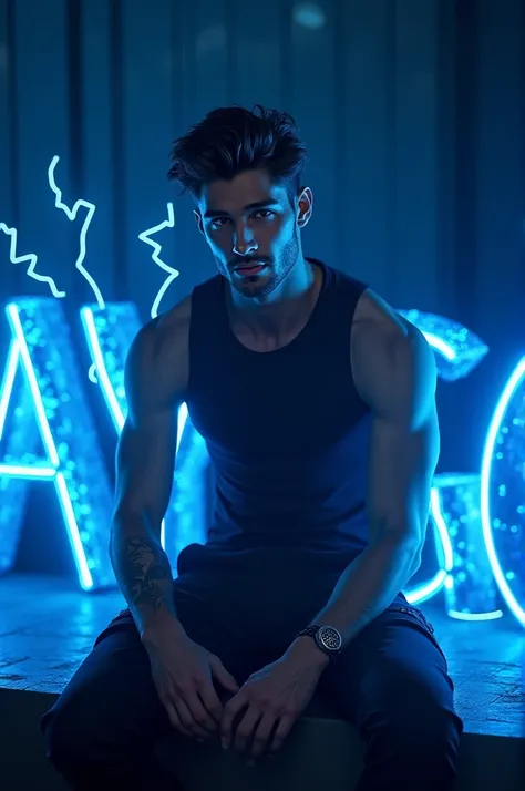 Handsome boy sitting beside the name text “AYGO” with Blue neon Lightning effects 3D Hot sexy Pic 