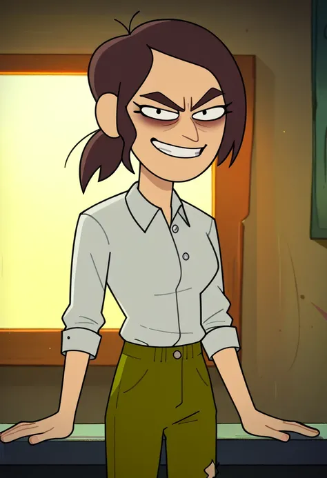 reaganij, 1girl, short ponytail, solo, brown hair, grey shirt, green pants,evil grin,   looking at viewer, score_9, score_8_up, score_7_up, score_6_up, score_5_up, score_4_up