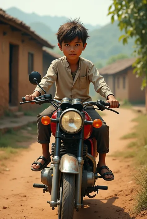 Realistic village boy sitting on honda 125 
