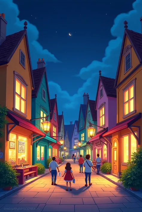 A cartoon street at night