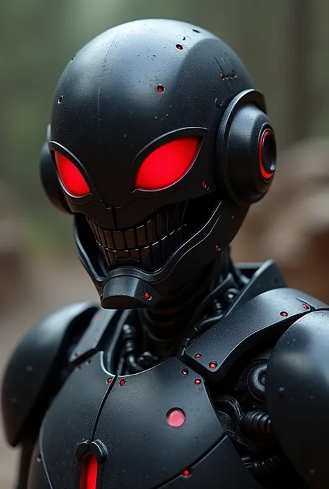 Make an Evil Robot with Black Armor and Smiling Red Eyes

