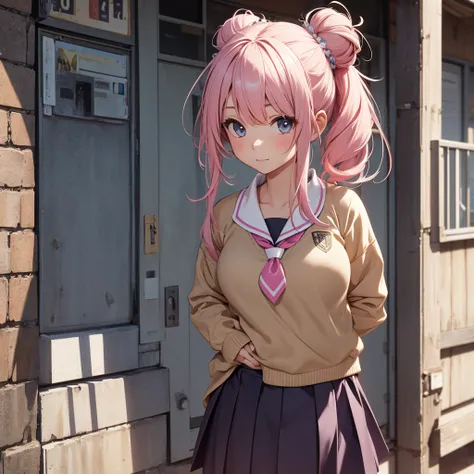 HD, 4K, A girl with PINK ONE BUN hair, school uniform, savannah