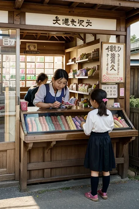 Great candy store,Country shops,Japanese countryside,Two children choosing sweets,An old lady working at the store