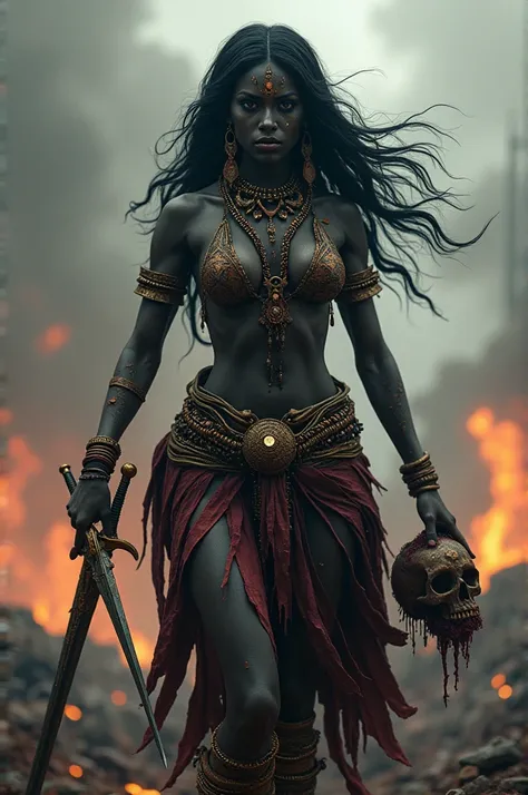 **Kali**: 
   - A dark-skinned goddess with a fierce expression, adorned with a necklace of skulls and a skirt made of severed arms. She holds a sword and a severed head, with a backdrop of a chaotic battlefield or cremation ground. In dall e-3 style