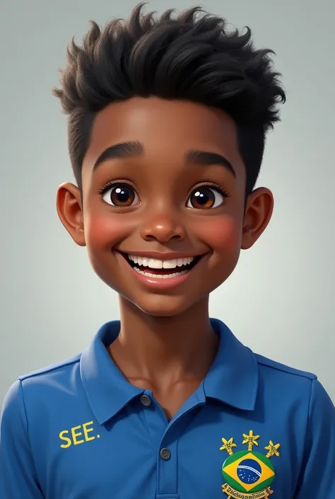 Create an image of a light black teenage boy, Bblack hair,  black eyes, happy face,  blue uniform blouse with SESI written on the left corner,  Brazilian student,  realistic youthful image 