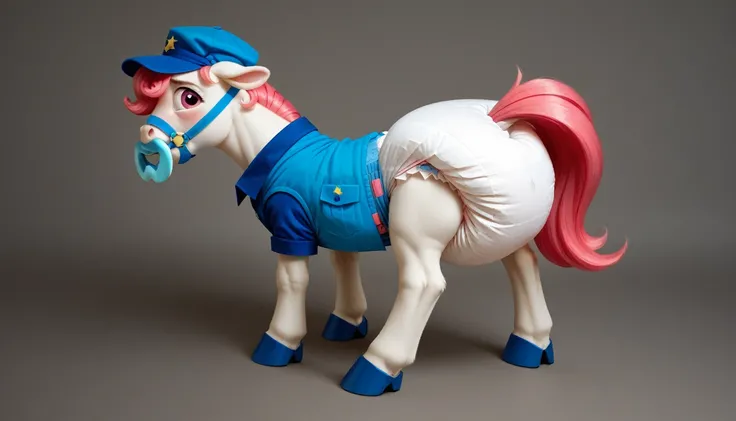 pony, бежевая земная pony, no horn, no wings, adult mare, stands on four hooves, rear hooves spread wide apart, dressed in a bright blue vest, blue cap and blue booties, blue pacifier in mouth, solo, thick diaper under clothes, bulge on the back of the dia...