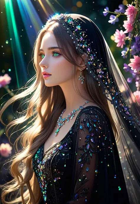 Create the image of a beautiful woman, green eyes, full mouth, wearing a black veil and a matching black dress, adorned with small iridescent and transparent crystals. Crystals like tiny pearls are delicately scattered throughout the hair, veil and dress, ...