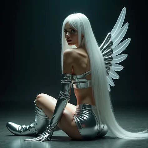 A girl with long white hair with her back sitting on the ground and a metal wing coming out of her, very y2k silver tribal and her wet hair, I want the black background to show her looking back, she will wear a silver latex crop top and a silver skirt and ...