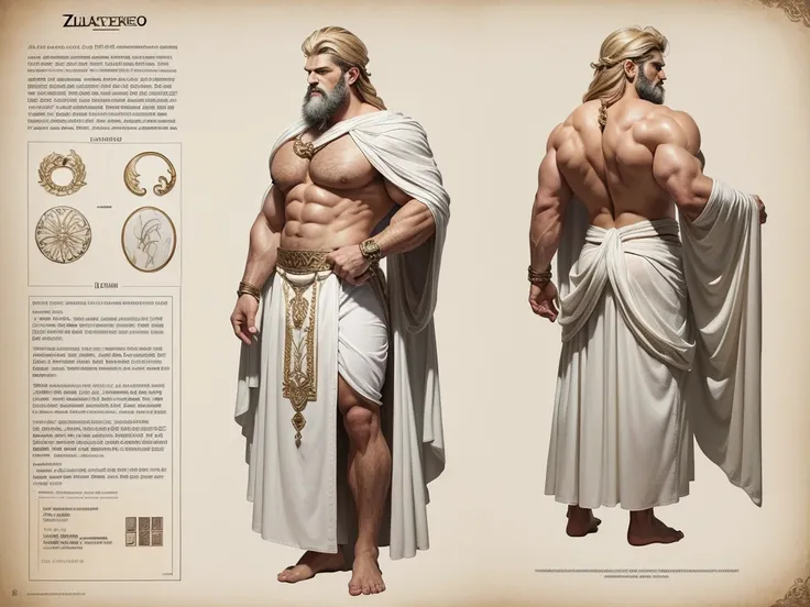 (masterpiece), ultra detailed, 3 views, character view(Front view, side view , back view), (detailed character sheet) , reference sketch of a god, God of Greek mythology, Zeus, His physical appearance is often portrayed as having a strong and muscular buil...