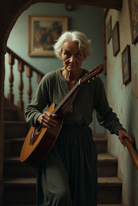 Elderly woman with short white hair climbing stairs with guitar