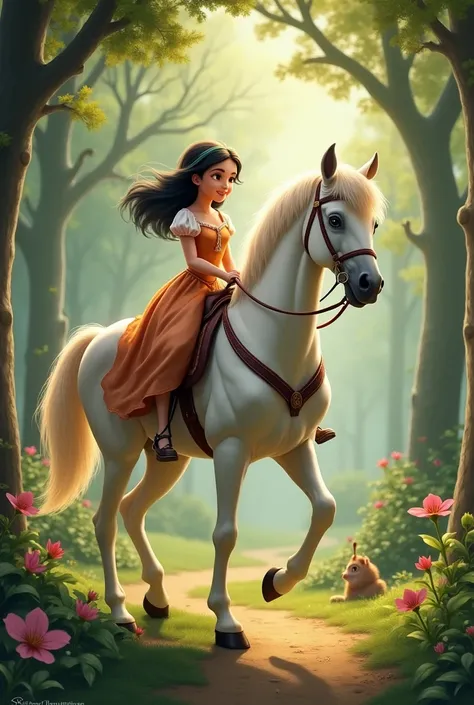 Create an image of Snow White riding a horse