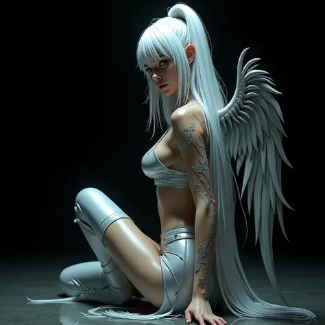 A girl with long white hair with her back sitting on the ground and a metal wing coming out of her, very y2k silver tribal and her wet hair, I want the black background to show her looking back, she will wear a silver latex crop top and a silver skirt and ...