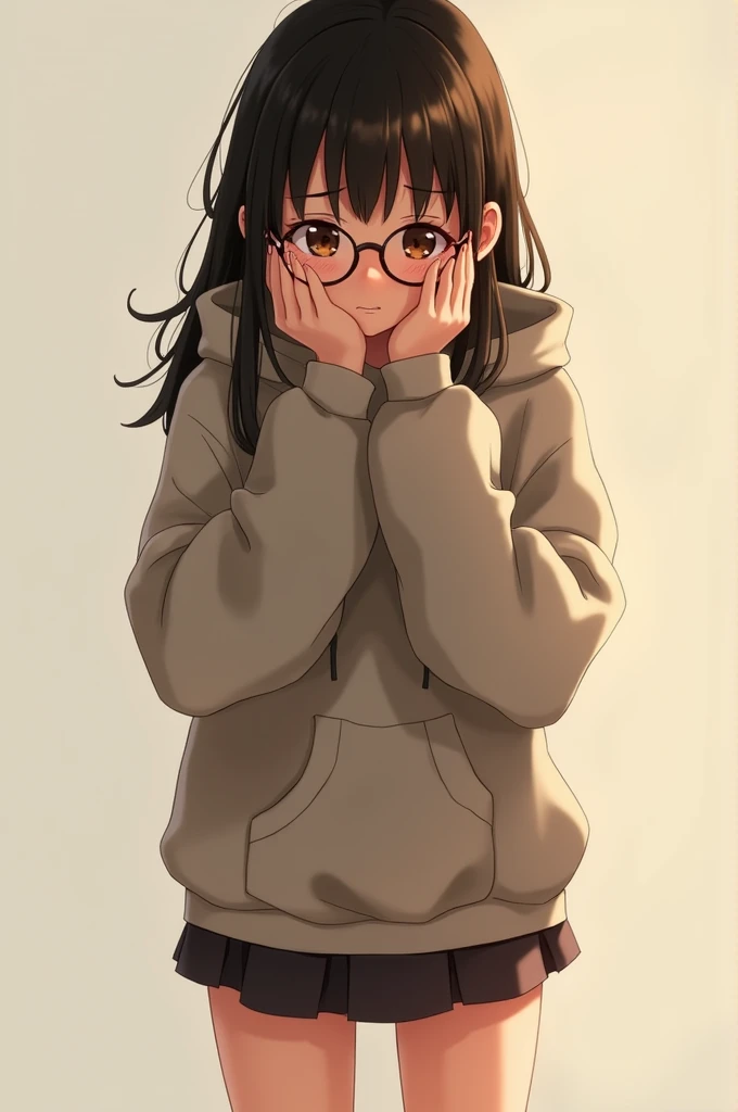 Girl wearing glasses with a sweatshirt covering her thighs and a short skirt with an embarrassed face and both hands on her cheek 