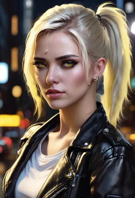 1 woman, inside a city at night, wearing a white blouse and a black leather jacket over it, feminine yellow brown eyes, pale detailed skin, heavy makeup, ear piercings, white blonde hair with colored highlights in a ponytail, dramatic lighting, cinematic c...