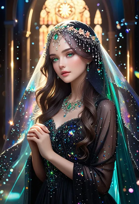 Create the image of a beautiful woman, green eyes, full mouth, wearing a black veil and a matching black dress, adorned with small iridescent and transparent crystals. Crystals like tiny pearls are delicately scattered throughout the hair, veil and dress, ...