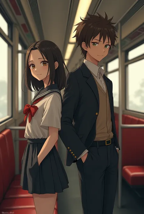 White skin girl, clear brown eyes, short. with a tall boy with brown hair, green eyes. on a train and in a school uniform 