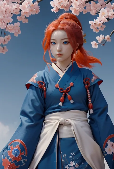 The bravest and most noble dragon warrior, Blue eyes, Incredibly detailed Japanese robe，Comes with a sashimi battle flag., cherry blossoms fluttering in the wind, The perfect masterpiece, high quality, a high resolution, Orange colors