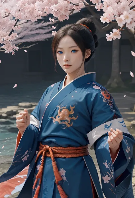 The bravest and most noble dragon warrior, Blue eyes, Incredibly detailed Japanese robe，Comes with a sashimi battle flag., cherry blossoms fluttering in the wind, The perfect masterpiece, high quality, a high resolution, Orange colors