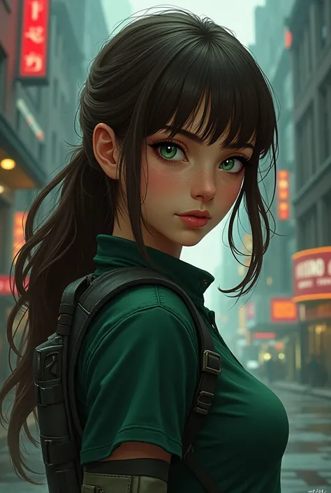 A girl with brown hair, long with bangs on the forehead. light green eyes. In the style of the rise of the ninja turtles.
