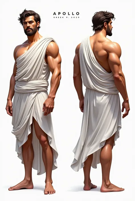 (masterpiece), ultra detailed, 3 views, character view (Front view, side view , back view), (detailed character sheet) , reference sketch of a god, God of Greek mythology, Apollo, His physical appearance is often portrayed as having a strong and muscular b...