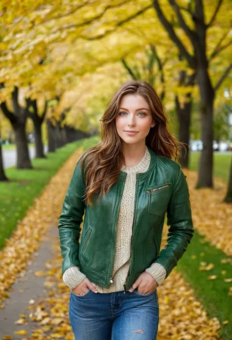 A beautiful 24-year-old woman with chestnut brown hair and green eyes is walking through a tree-lined park during autumn. Dressed in a cozy knit sweater, fitted jeans, and her light leather jacket, she looks radiant against the backdrop of golden leaves. H...