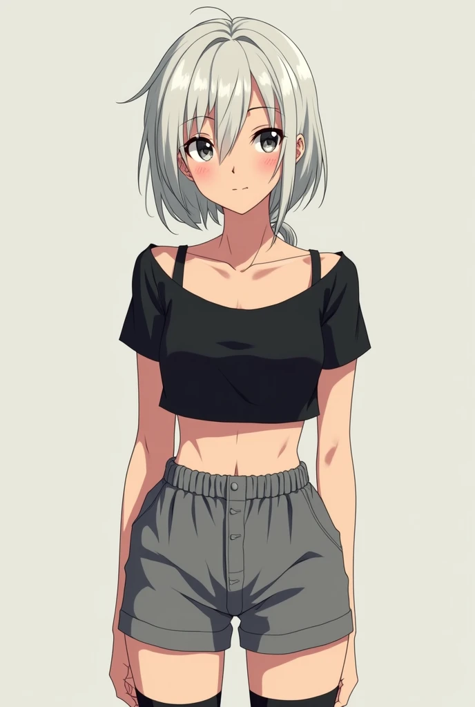 Anime girl: 1girl, medium breasts, middle aged , high knee sock, nonchalant expression, messy white silky hair, tiny eyes, black crop top, grey shorts, short hair with ponytail, whole body from head to toe view,