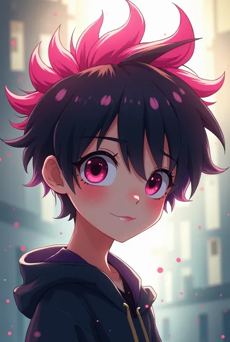 Dark-haired boy with pink hair in anime
