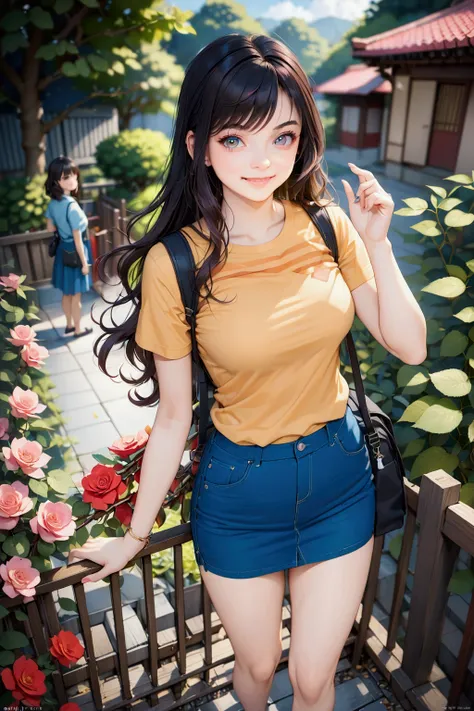 realistic anime illustration of pretty tourist woman is looking at viewer and carrying black bagpack, standing near colorful master keys hanging on rail of fence at garden, she has a black long wavy hair, she wearing rose pink t-shirt, navy-blue denim penc...