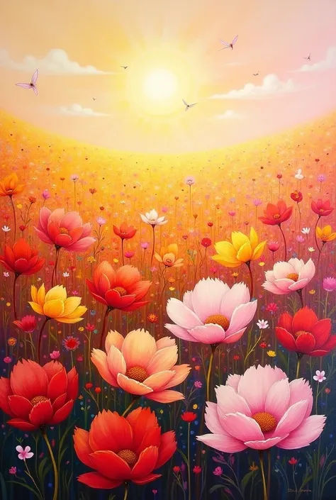 I want an acrylic painting of flowers in a field that expresses love.