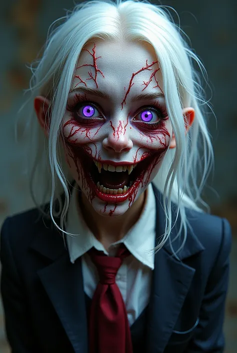 girl with a pretty face, white hair, purple eyes, (((sexy school uniform))), wearing a stylish very sexy school uniform, with a funny expression on her face, Hellwalker, incombing death, hell, black bloody veins growing and intertwining out of the darkness...