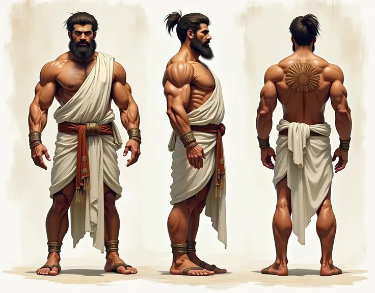 (masterpiece), ultra detailed, 3 views, character view (Front view, side view , back view), (detailed character sheet) , reference sketch of a god, God of Greek mythology, His physical appearance is often portrayed as having a strong and muscular build., b...