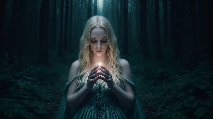 blonde witch in a forest unleashing powers by the hand, Gloomy Illumination beautiful woman, forest, goth dress, long blue hair, dark lighting, plants background, moonlight, relaxed pose, realistic, intricate details, cold colors, cinematic lighting, drama...