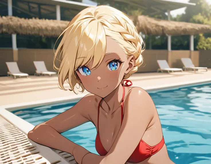 1girl(blond short hair, Braid, red bikini, Blue eyes, tall, Tan Skin. light smile), pool