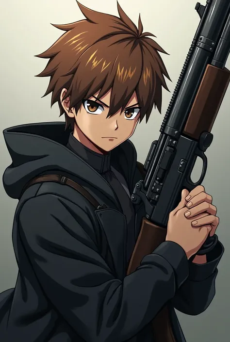 chestnut hair, homen,Child boy, ADOLESCENT, shooter, black greatcoat, アニメ, serious OC, big gun