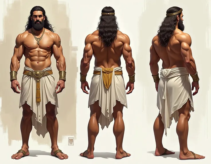 (masterpiece), ultra detailed, 3 views, character view (Front view, side view , back view), (detailed character sheet) , reference sketch of a god, God of Greek mythology, His physical appearance is often portrayed as having a strong and muscular build., b...